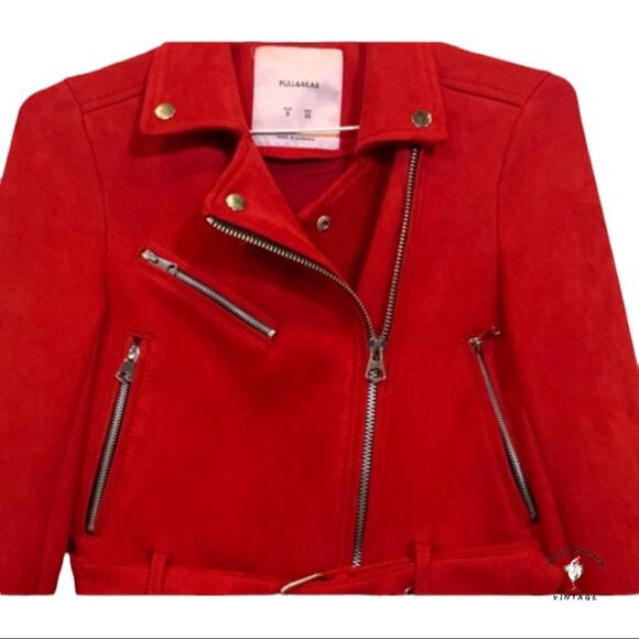 Pull & Bear Red Micro-Suede Moto Cafe Racer Jacket Bikerider Motorcycle S Small - Picture 2 of 6